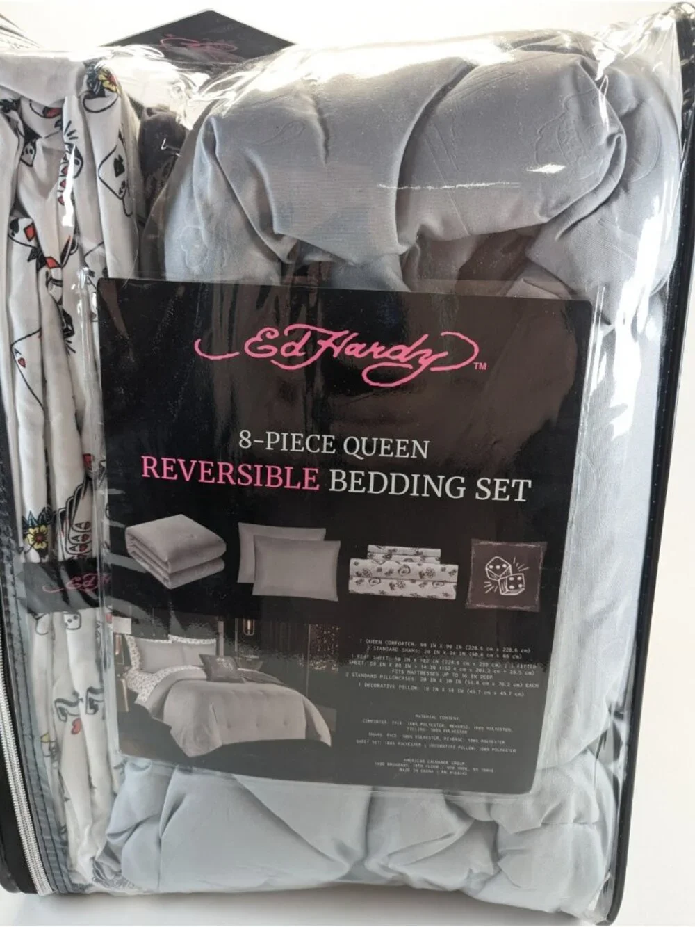 Ed Hardy Queen Comforter Bed Set w Shams Pillow Sheets Black White Dice Skull